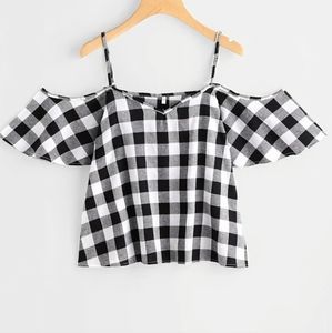 Monochromatic Gingham Cold Shoulder Top - M